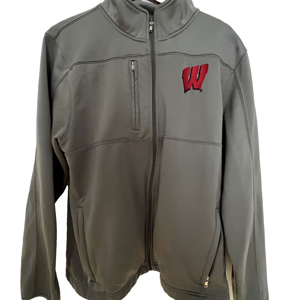UW Wisconsin Badgers Mens Jacket L Logo Grey Full Zip Softshell Fleece lining